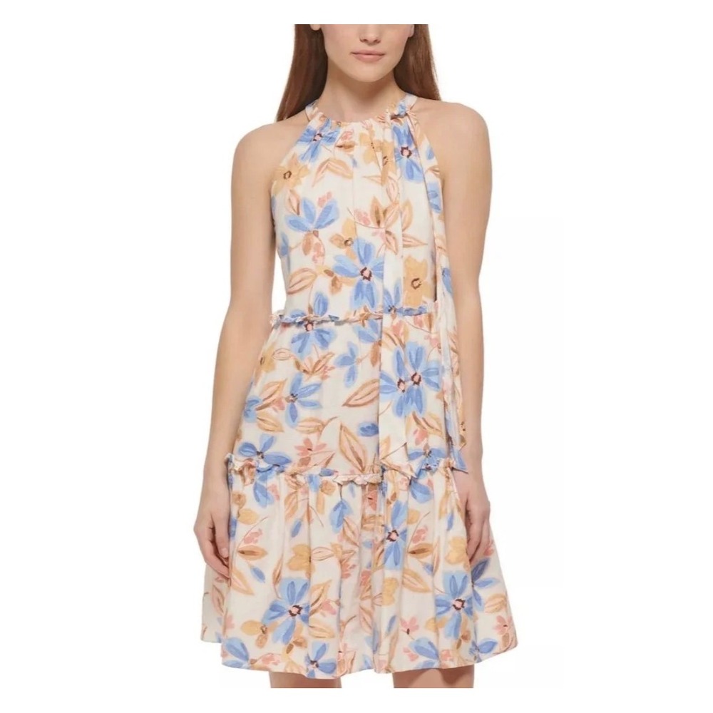 Vince Camuto Floral Linen Blend Halter Tiered Ruffle Dress White Blue 0P Summer